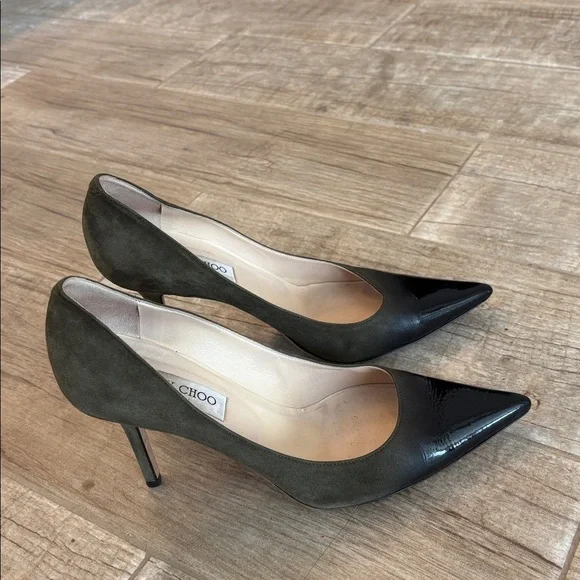 Jimmy Choo Patent Suede Black/Military 3” Heels - Picture 6 of 8